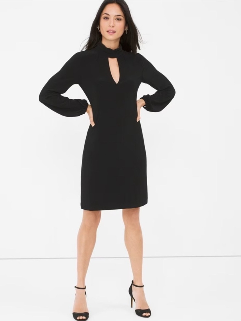 WHBM Black Mock Neck Long Sleeve Keyhole Shift Dress